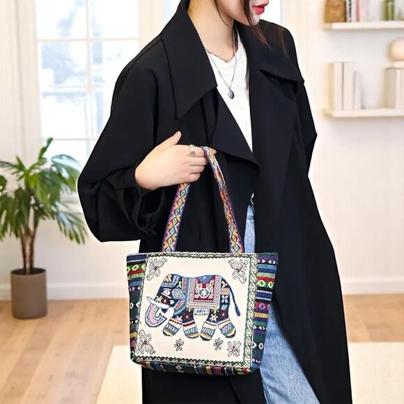 Elephant Embroidered Cream Tote Bag Jacquard Fabric Boho NWT - Picture 6 of 14